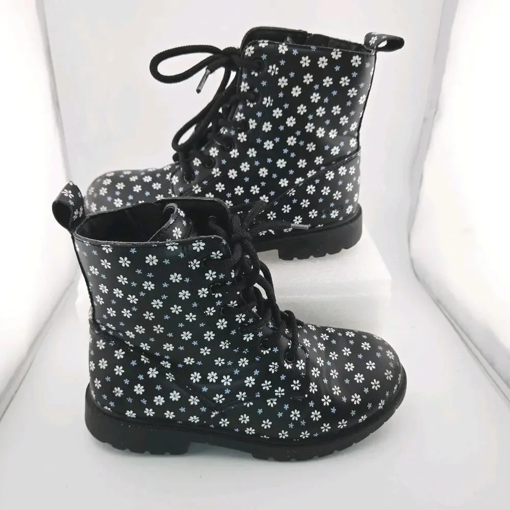 Levi's Kids Floral Boots Black Daisy Print Girls Size 2 Lace Up Side Zip Retro